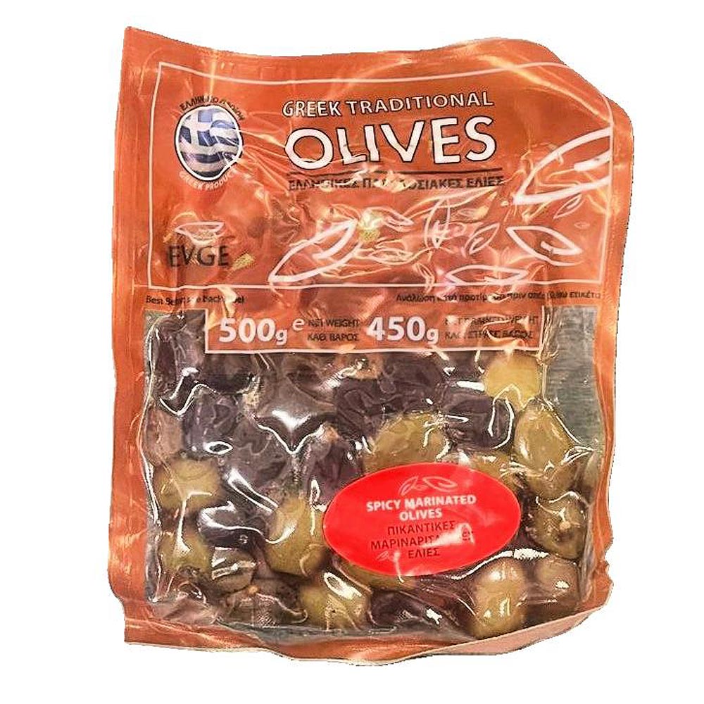 12.2.1.16-1.jpg EVGE, Greek Traditional Kalamata & Green Olives, marinated with herbs & spices, spicy, pitted, vacuumed, 450g (Best before 01/10/2026) - Image 1