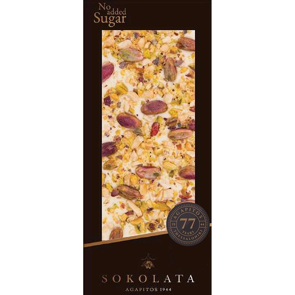 S100N507-1.jpg SOKOLATA AGAPITOS 1944, White Chocolate with Sweeteners & Pistachios, NO ADDED SUGAR, 100g - Image 1